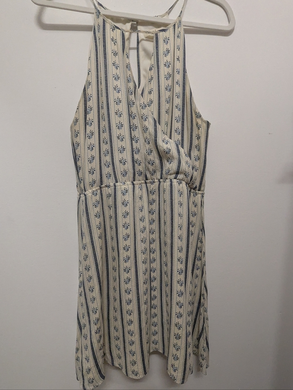 MiAmi Sleeveless Cream and Blue Striped Halter Dress